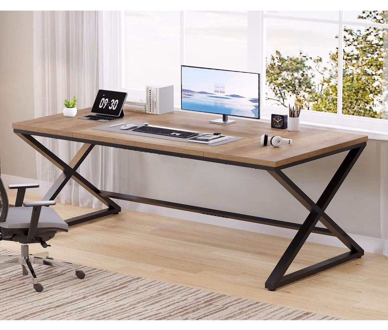 Scrivania da 180 cm, nera, in MDF con gambe in metallo a forma di X, ideale per l'ufficio domestico e il gaming
