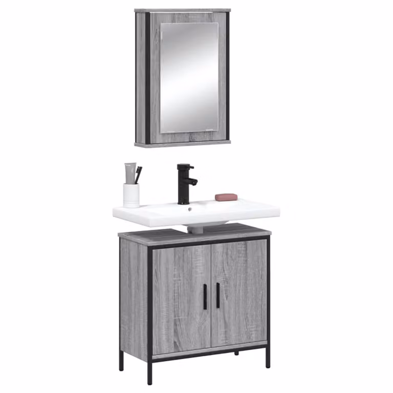 Set Mobili da Bagno Moderno vidaXL in Grigio con Mobile Lavabo e Armadietto Specchio in Legno e Metallo