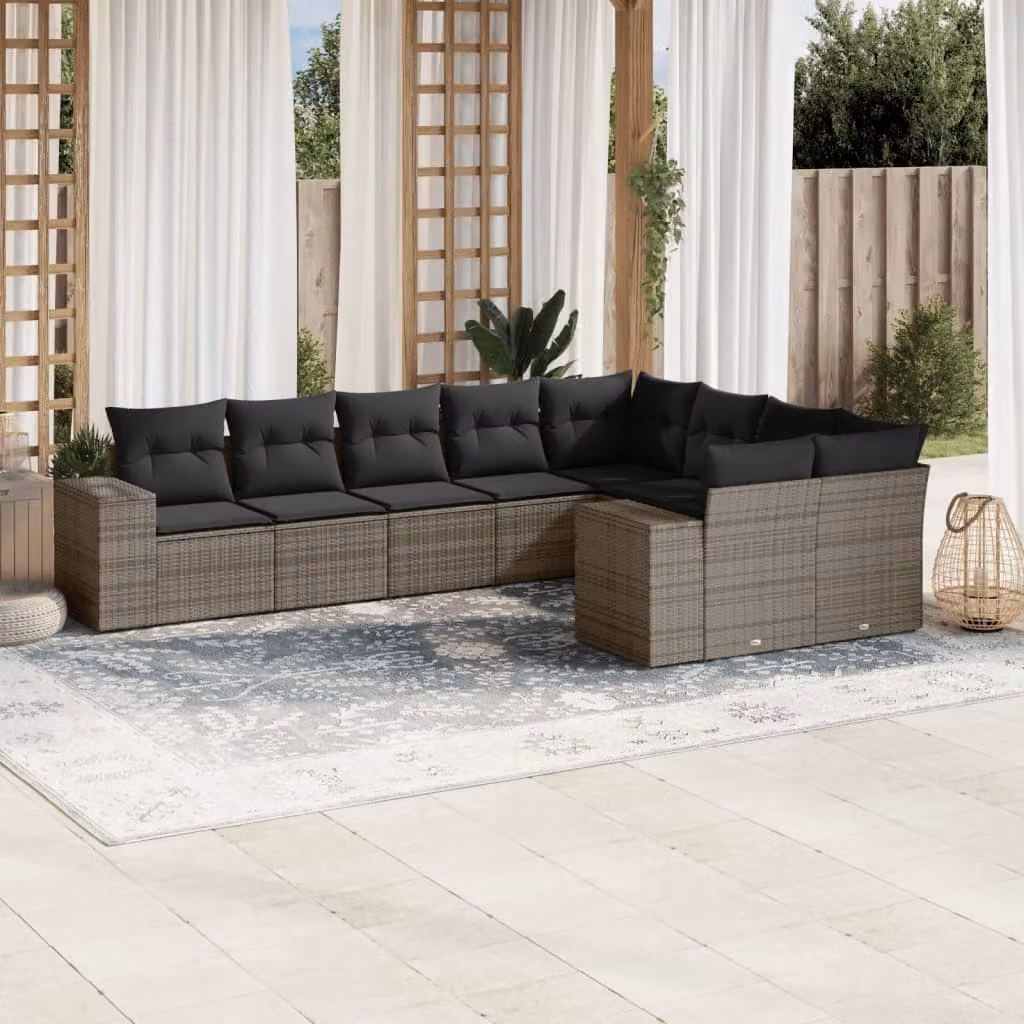 vidaXL Set Divano da Giardino a L 9 pz con Cuscini Grigio in Polyrattan e Struttura in Acciaio – 1