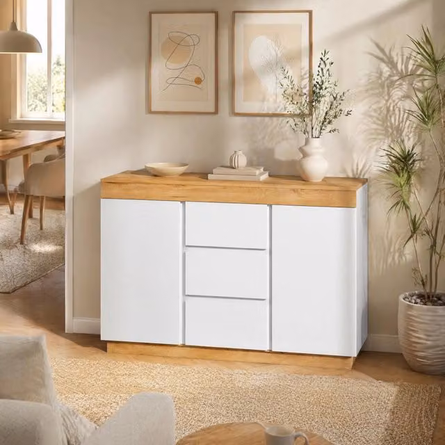 Cassettiera con 3 cassetti e 2 ante in pannello truciolare E1; bianco ed effetto rovere