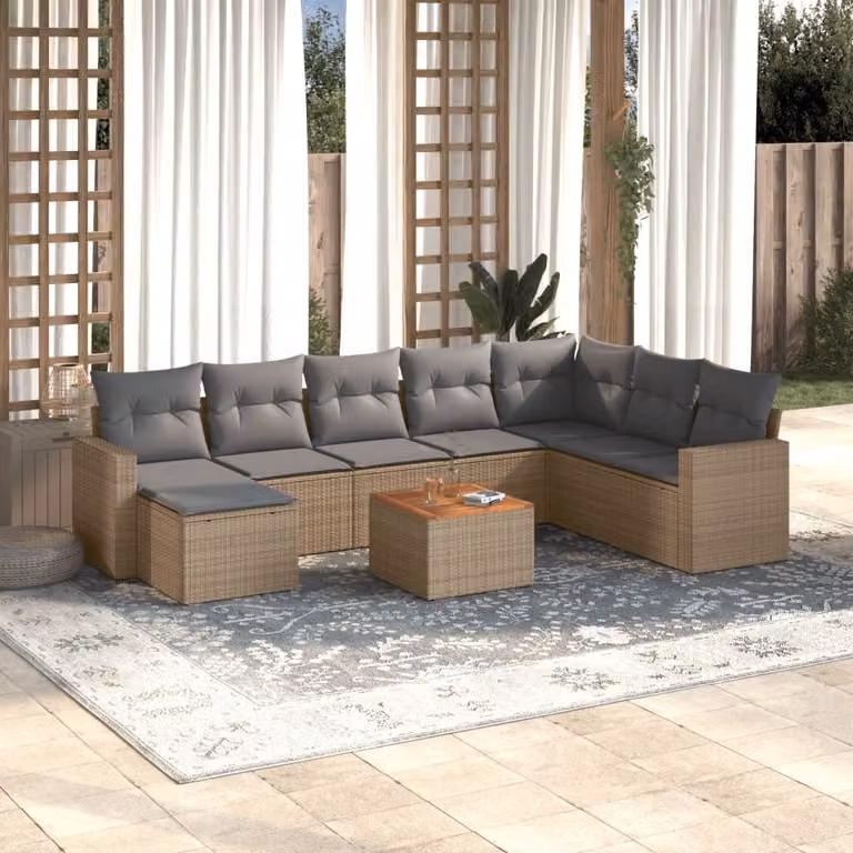 vidaXL Set Divano da Giardino 9 pz in Polyrattan con Cuscini Beige e Tavolino, Design Moderno a L con Struttura in Metallo e Imbottitura Removibile