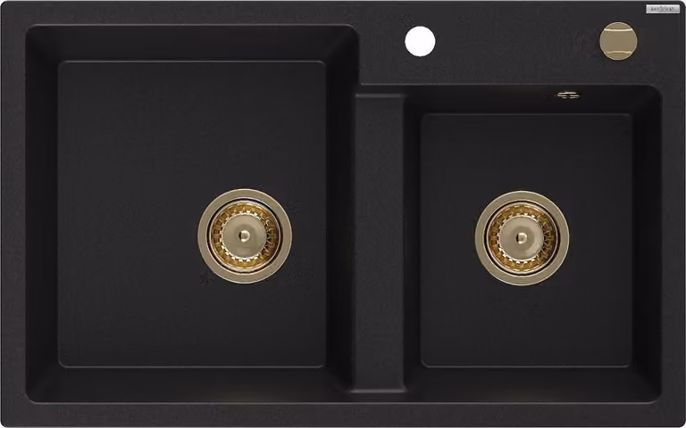 Mexen Tomas lavello in granito a 2 vasche 800 x 500 mm, nero, sifone dorato - 6516802000-77-G