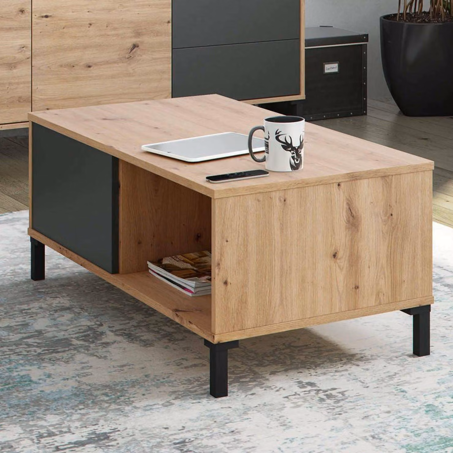 Dmora Tavolino da Salotto Axinia 40x100x50h cm Nero Antracite, 2 Vani Bordi in Melaminico, Piedini in abs, Impermeabile