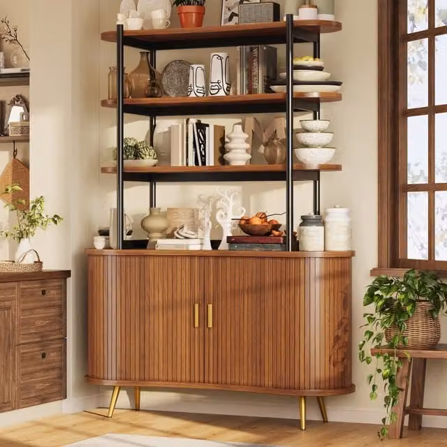 Credenza con ante avvolgibili e scaffale aperto a 4 livelli in MDF color legno con gambe in metallo oro 120 × 40 × 183 cm