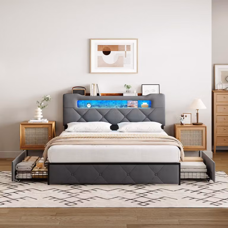 Letto a cassetti ProximaX grigio 160×200 cm - Con rivestimento in morbido tessuto, illuminazione a LED, connessione USB e 4 cassetti sotto il letto