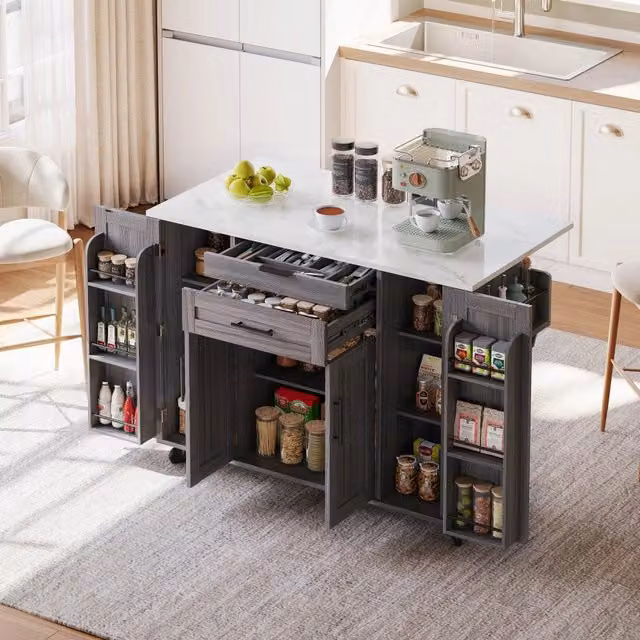 Isola cucina mobile con ruote in MDF grigio; piano di lavoro estensibile fino a 70 cm; 136 x 70 x 92 cm