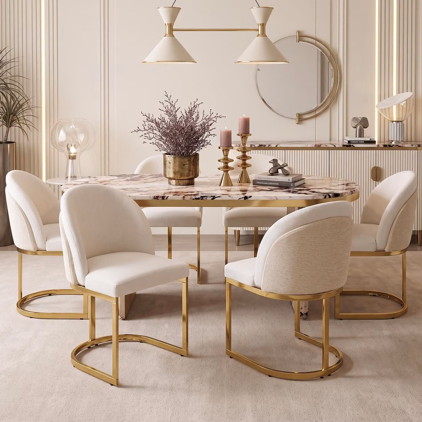 Set di 6 sedie da pranzo Flieks, con gambe placcate in oro, comode, traspiranti, rivestite in tessuto di chenille, ideali per la cucina, imbottite, colore beige e oro