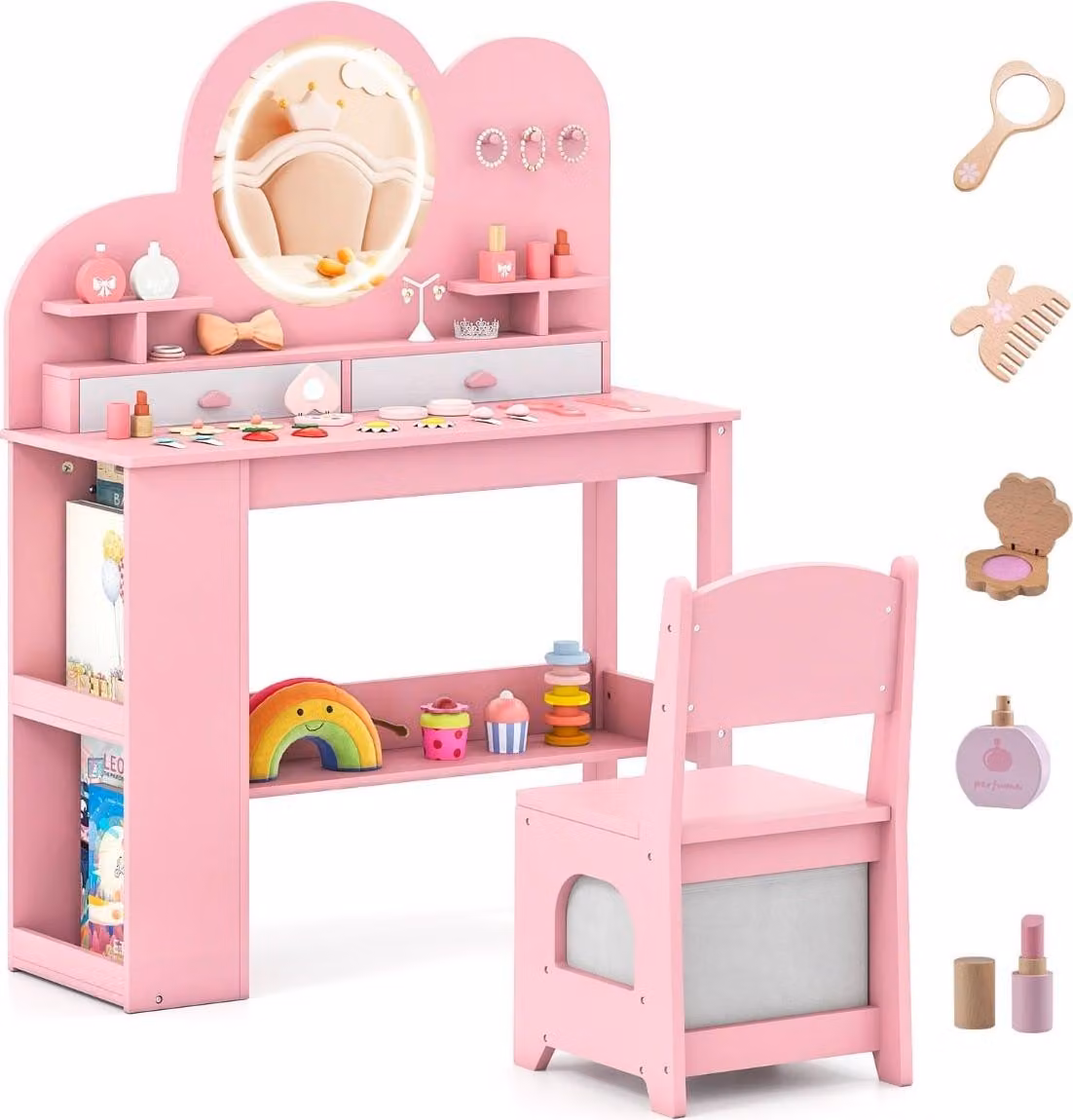 Set da toeletta per bambini con luci e sedia, rosa