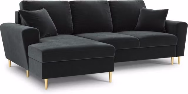 Divano angolare sinistro convertibile con contenitore Kyoto di Cosmopolitan Design in velluto grigio scuro, 4 posti, L: 241 cm, P: 114,6 cm, H: 88 cm