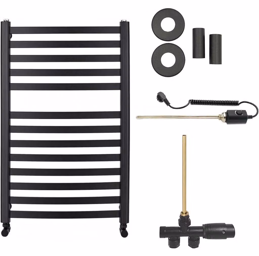 CERANO - Set radiatore da bagno Paolo - riscaldamento combinato, barra termica - attacco laterale a punto singolo - 568 W - nero opaco - 850 x 550 mm