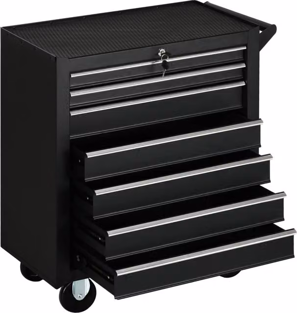 Carrello Porta Attrezzi da Officina con 7 Cassetti Serratura Ruote e Maniglia per Garage e Fai da Te 69x33x75cm Nero