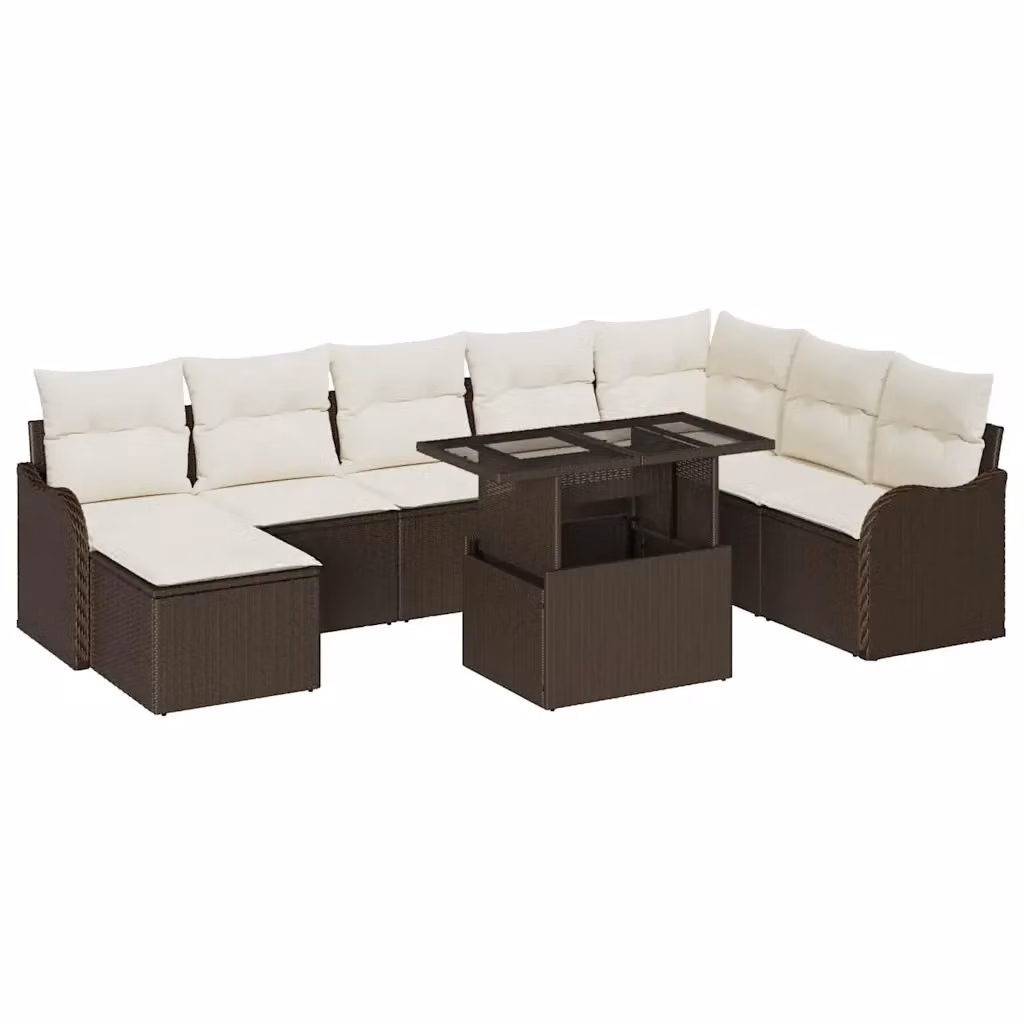 Set Divano da Giardino vidaXL 9 pz a Forma a L con Cuscini e Tavolino, Marrone e Bianco – 2