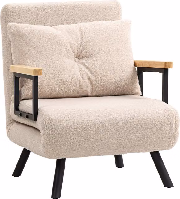 Divano Letto Singolo Pieghevole HOMCOM 4 in 1 con Schienale Regolabile a 5 Livelli e Cuscino, Colore Beige, L: 73 cm, P: 63 cm, H: 81 cm