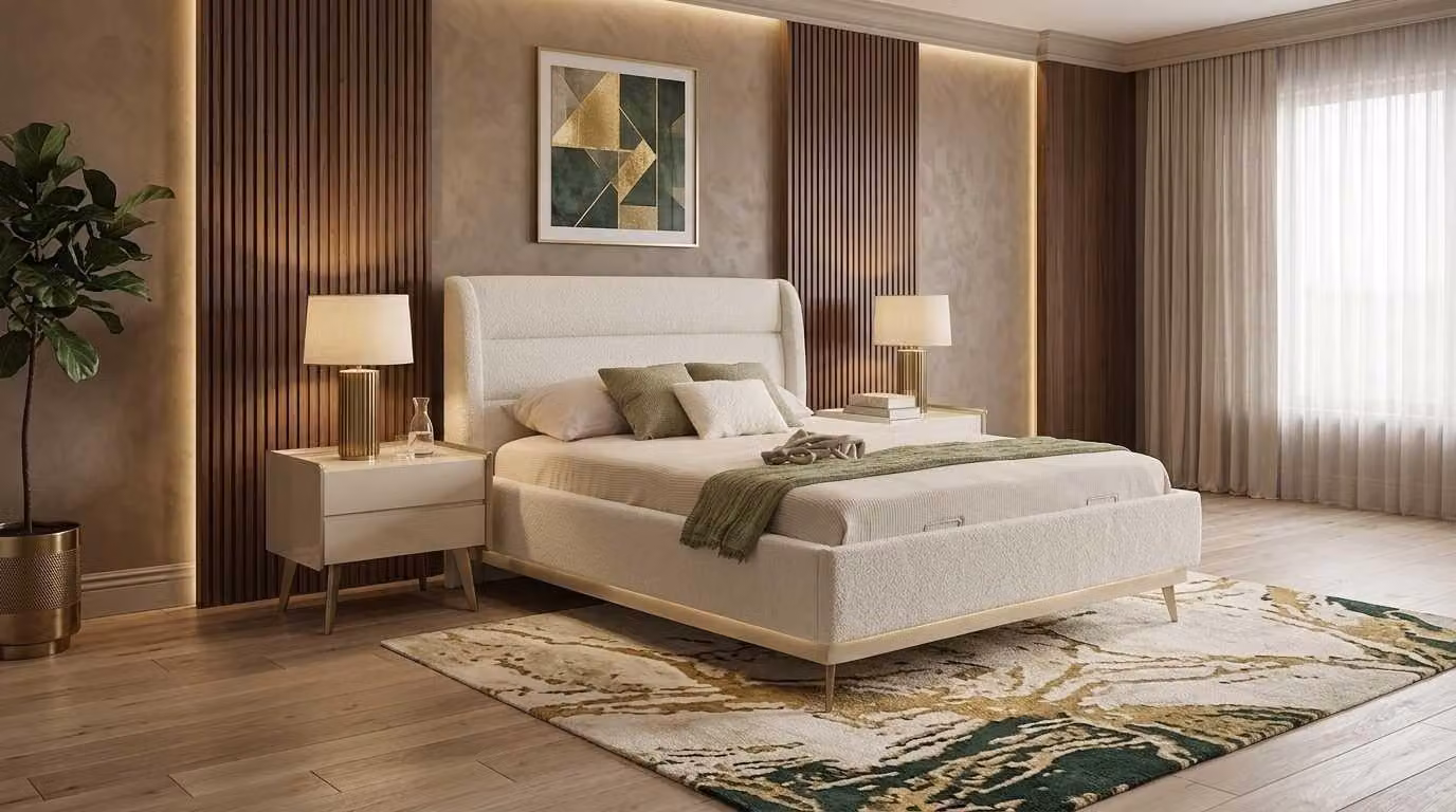 Set per camera da letto beige, moderno, comprensivo di letto, comodini e consolle