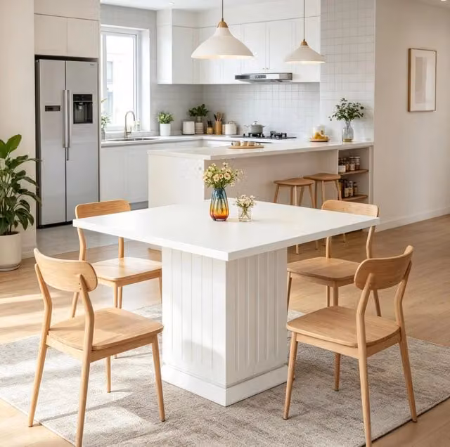 Tavolo da pranzo quadrato ULEVR per 4 persone, bianco, piano in truciolare e base in legno