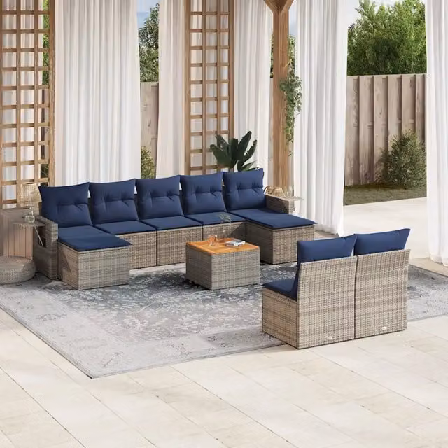 Set Divani da Giardino 10 pz con Cuscini Grigio in Polyrattan 3224766