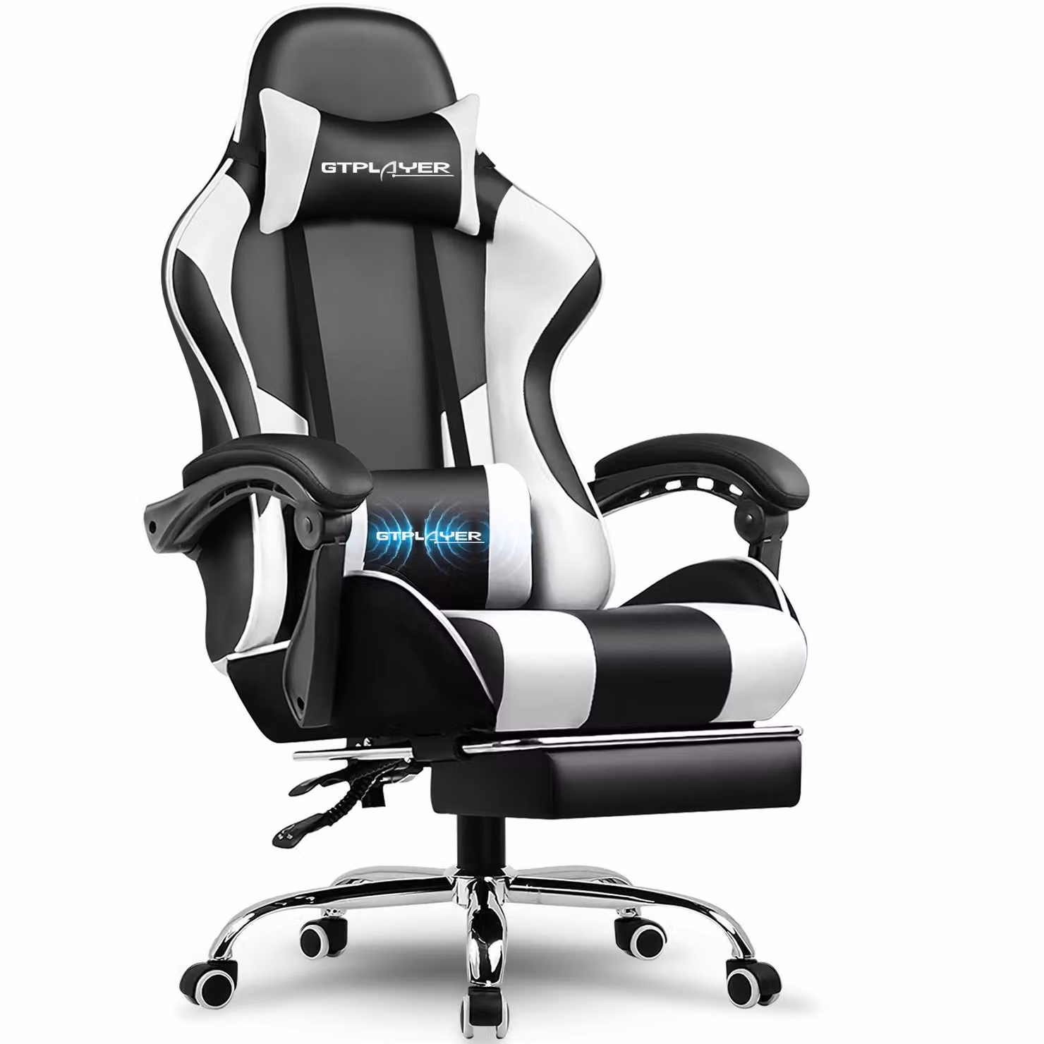 Sedia da gioco GTPLAYER, sedia da ufficio, sedia ergonomica per PC, poltrona da gioco con supporto lombare massaggiante, poggiapiedi e poggiatesta, ecopelle bianca