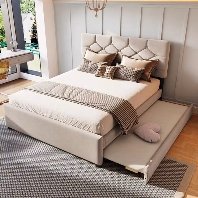 Letto divano a 3 posti OKWISH in velluto beige con letto estraibile e cassetti, L/P/H: 140 x 200 cm