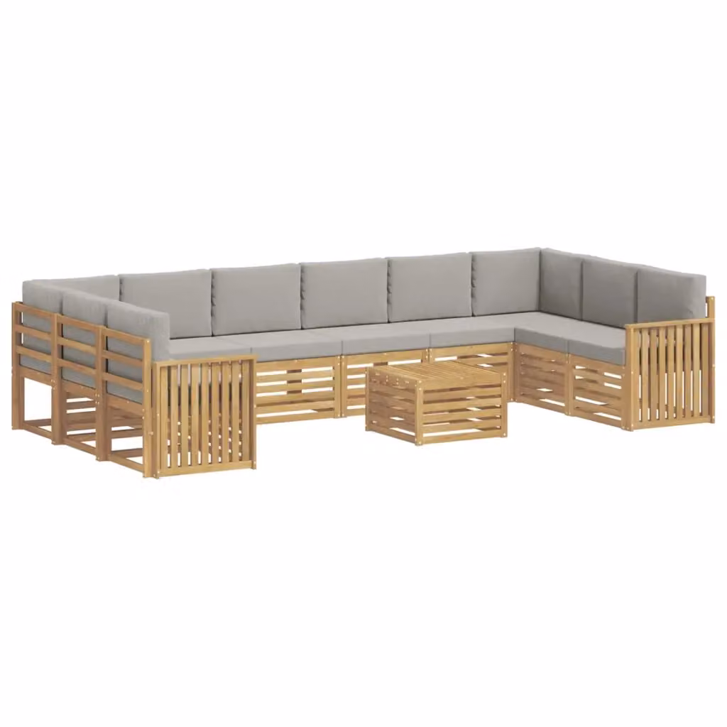 Set di divani da esterno vidaXL a forma di L con tavolo da caffè, 11 pezzi, in legno di acacia e tessuto bianco e grigio – 2
