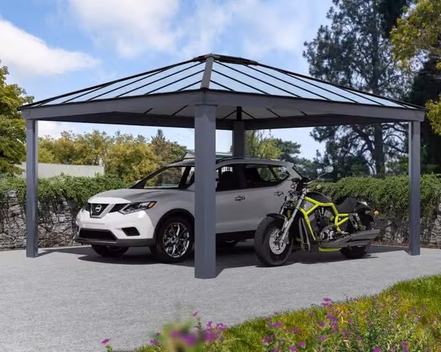Carport doppio moderno CANOPIA in alluminio e policarbonato grigio con tetto a capanna