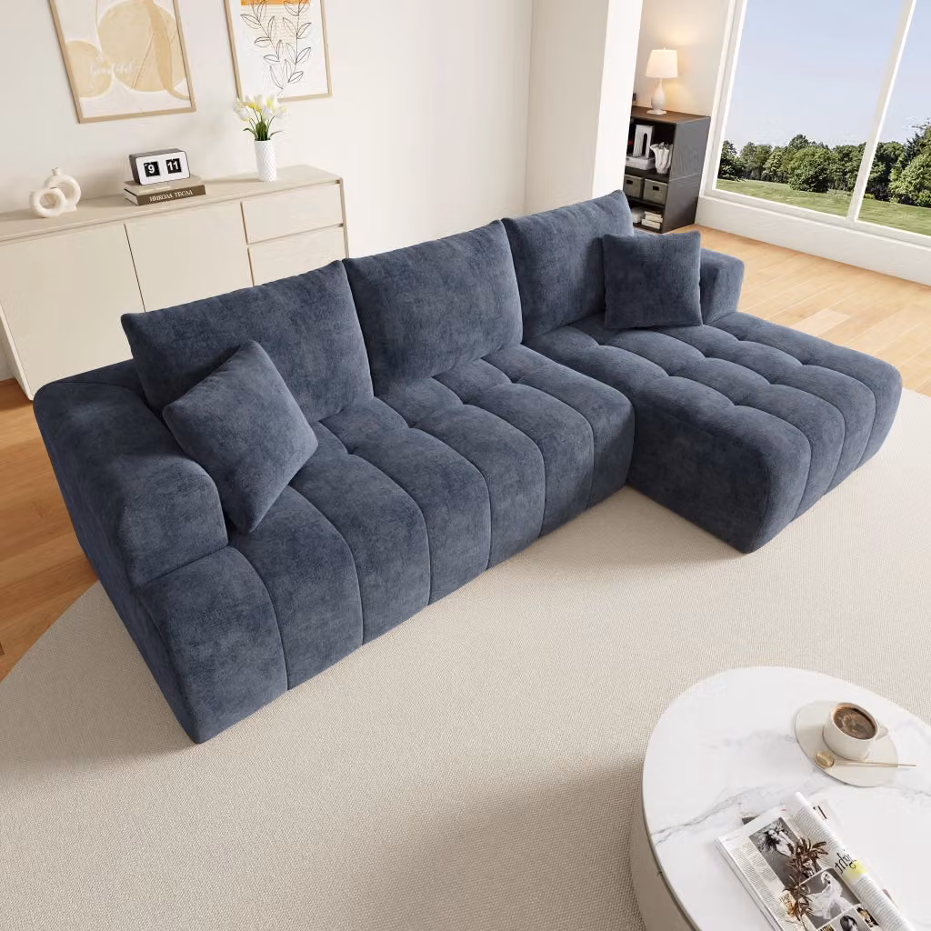 Divano angolare modulare MIVRAY in ciniglia blu reversibile con cuscini per soggiorno – 2