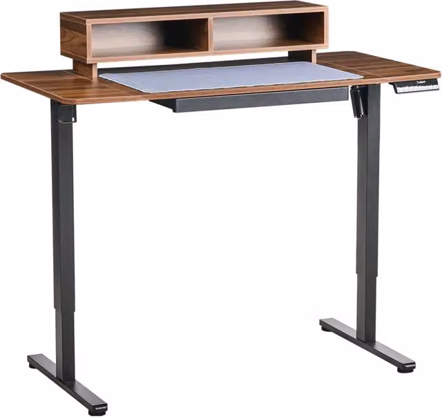 Scrivania regolabile elettricamente Piano marrone Struttura e gambe in acciaio nero 120 x 60 cm Supporto e tappetino per mouse Design moderno