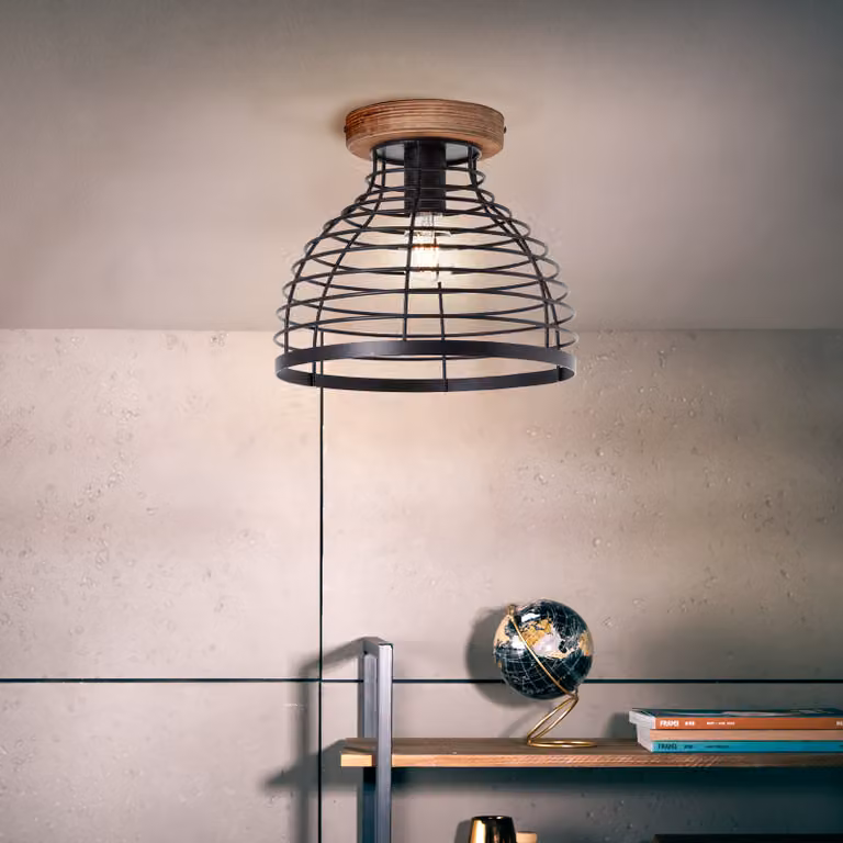 BRILLIANT lampada da soffitto moderna AVIA | Lampada da soffitto con paralume nero e dettagli in legno sostenibile, Ø 30 cm | 1 attacco E27, max. 52 W | Metallo/legno