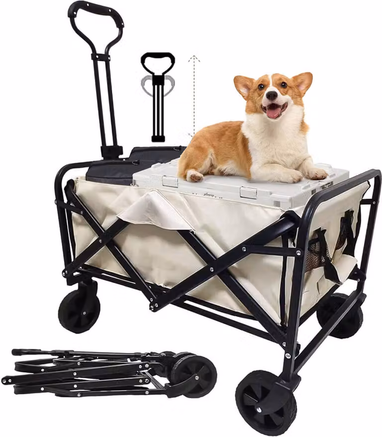 Carrello a mano AIORBER, pieghevole, telaio in tubolare d'acciaio, regolabile in altezza, ruote girevoli a 360°, portata fino a 100 kg, per spiaggia, campeggio, 100x51x75cm, beige