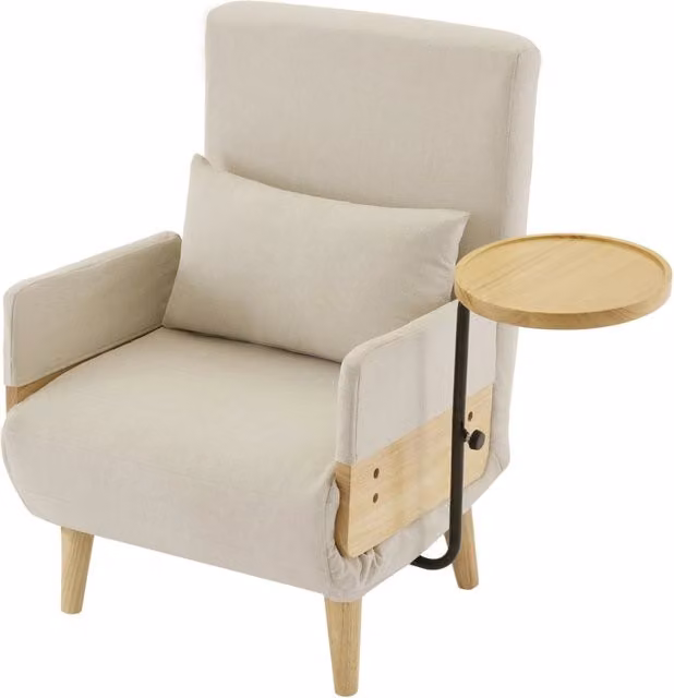 Sedia trasformabile 3-in-1 con funzione letto, vassoio in legno girevole, rivestimento in tessuto effetto lino, dimensioni 88x74,5x66 cm