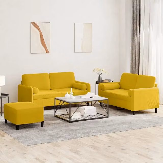 Set di 3 Divani Moderni vidaXL in Velluto Giallo con Cuscini per Soggiorno L: 138 cm, P: 80 cm, H: 77 cm