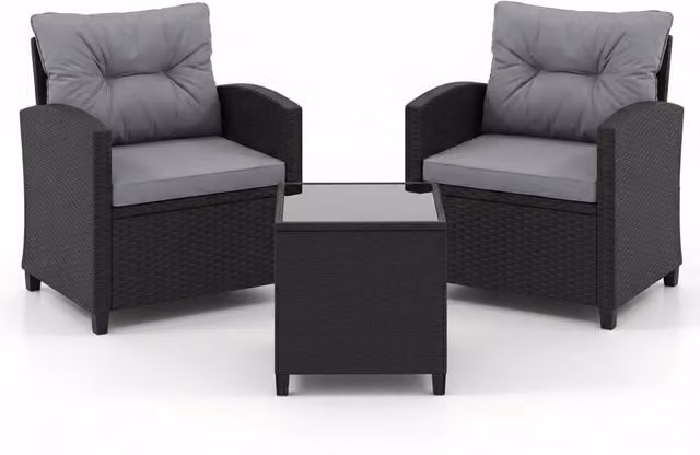 Set salotto da giardino in polyrattan con 2 poltrone imbottite e tavolino con piano in vetro temperato, Grigio e Nero – 1