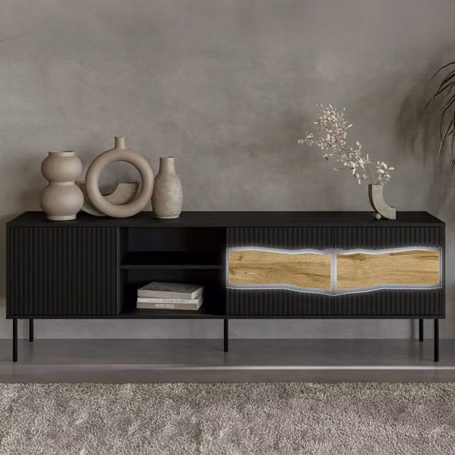 Mobile porta TV moderno DMORA Luvinate in legno e MDF nero con illuminazione integrata L/P/H: 190 x 40 x 61.5 cm