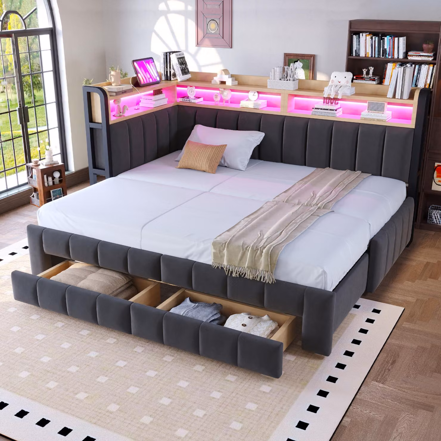 Divano letto Flieks 90x200 cm / 180x200 cm con meccanismo estraibile, letto per ragazzi con contenitore e cassetto, letto per bambini trasformabile in divano con cassetti, tessuto velluto, colore grigio scuro