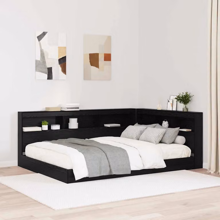 Testata letto con contenitore vidaXL in legno ingegnerizzato e metallo, colore nero, con ripiano integrato e porta di ricarica USB, L: 207.5 cm, P: 157.5 cm, H: 76.5 cm