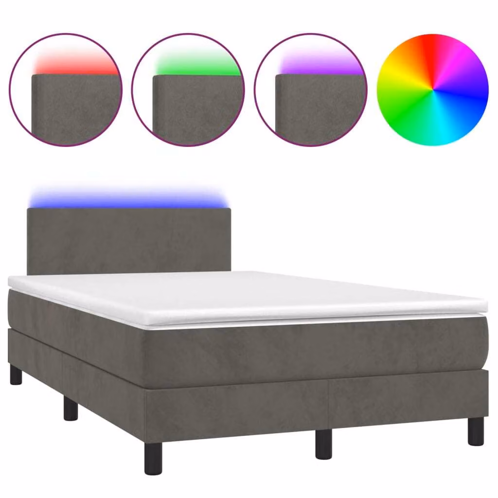 Letto a Molle con Materasso e LED Grigio Scuro 120x190cm in Velluto