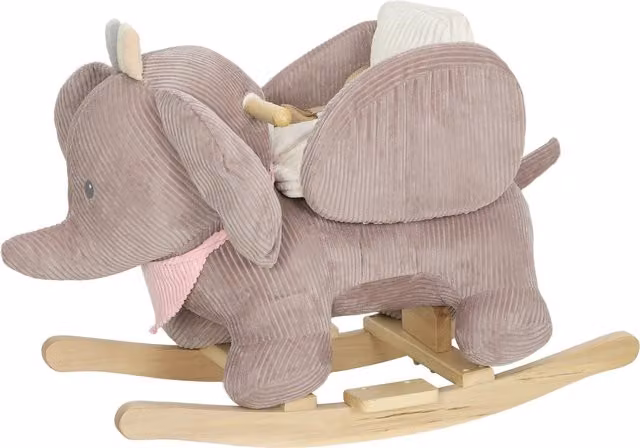 Dondolo per neonati AIYAPLAY con suoni di elefante, base in legno marrone e cintura di sicurezza a 3 punti