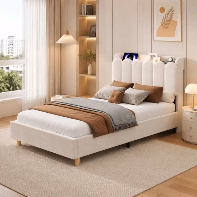 Letto singolo imbottito 90x200 con testiera; rete a doghe; luce; prese USB e Tipo C; velluto beige