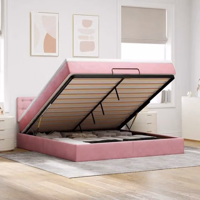 Letto con contenitore a sollevamento vidaXL in velluto rosa e bianco con illuminazione sottostante e porta USB L/P/H: 203 x 160 x 88 cm