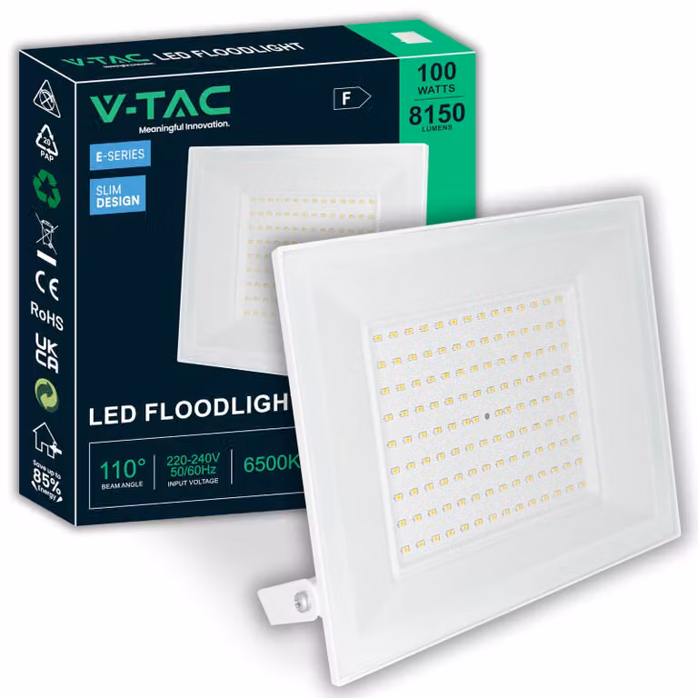 Proiettore LED V-TAC da esterno, 100W, bianco – [Serie E – Alta potenza, basso consumo] – Design super resistente – 8150 lumen – Grado di protezione IP65 – Faro per casa, garage e magazzino – Lampada da esterno – Luce bianca fredda, 6500K