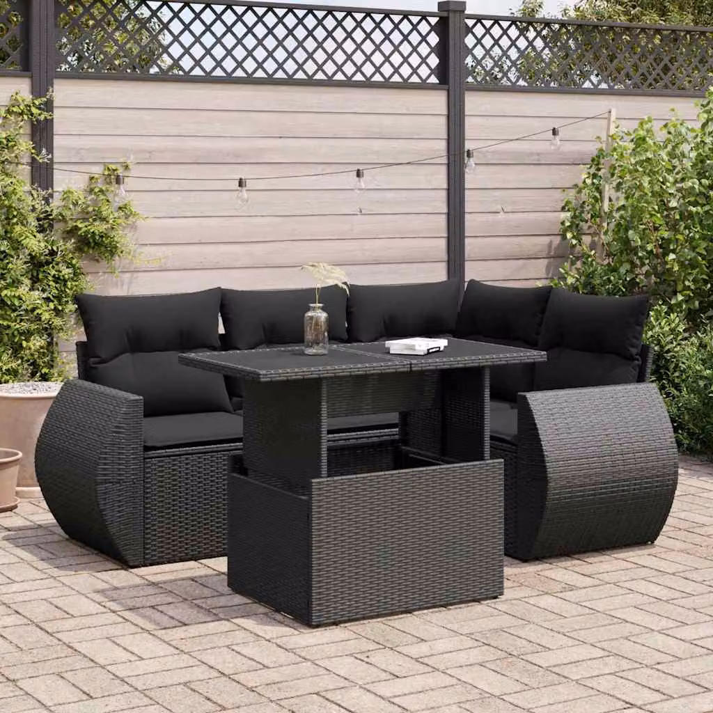 Set Divani da Giardino vidaXL 5 Pezzi a Forma di L con Cuscini e Tavolino Nero