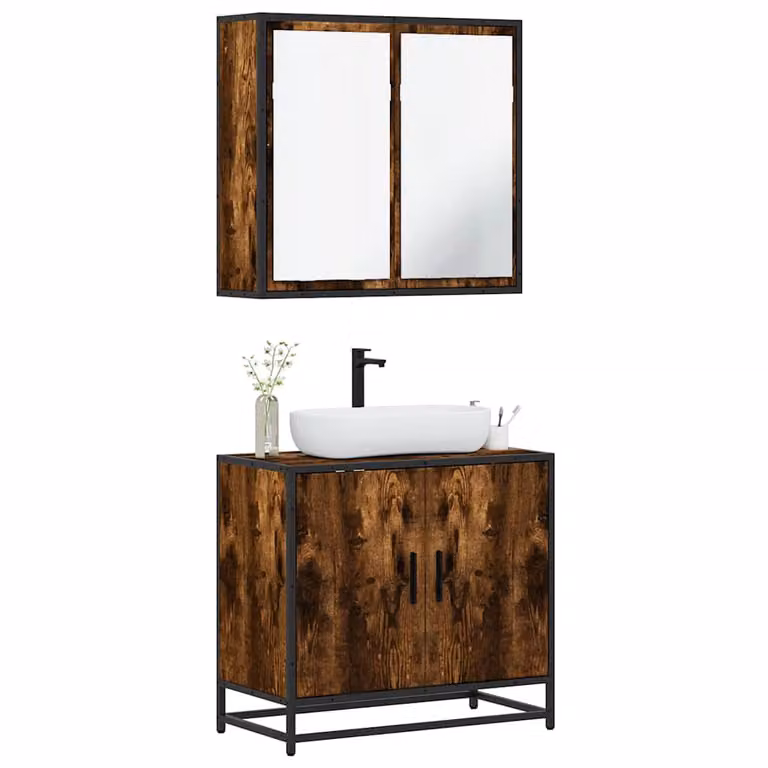 Set di mobili da bagno vidaXL 2 pezzi in stile industriale color marrone con mobile sottolavabo e armadietto con specchio in legno e metallo