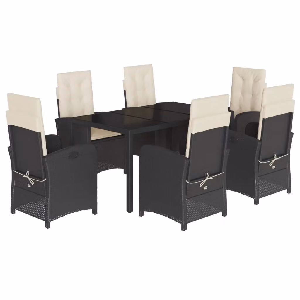 Set da Pranzo da Giardino vidaXL 7 pz in Polyrattan Nero con Cuscini e Tavolo in Vetro – 2