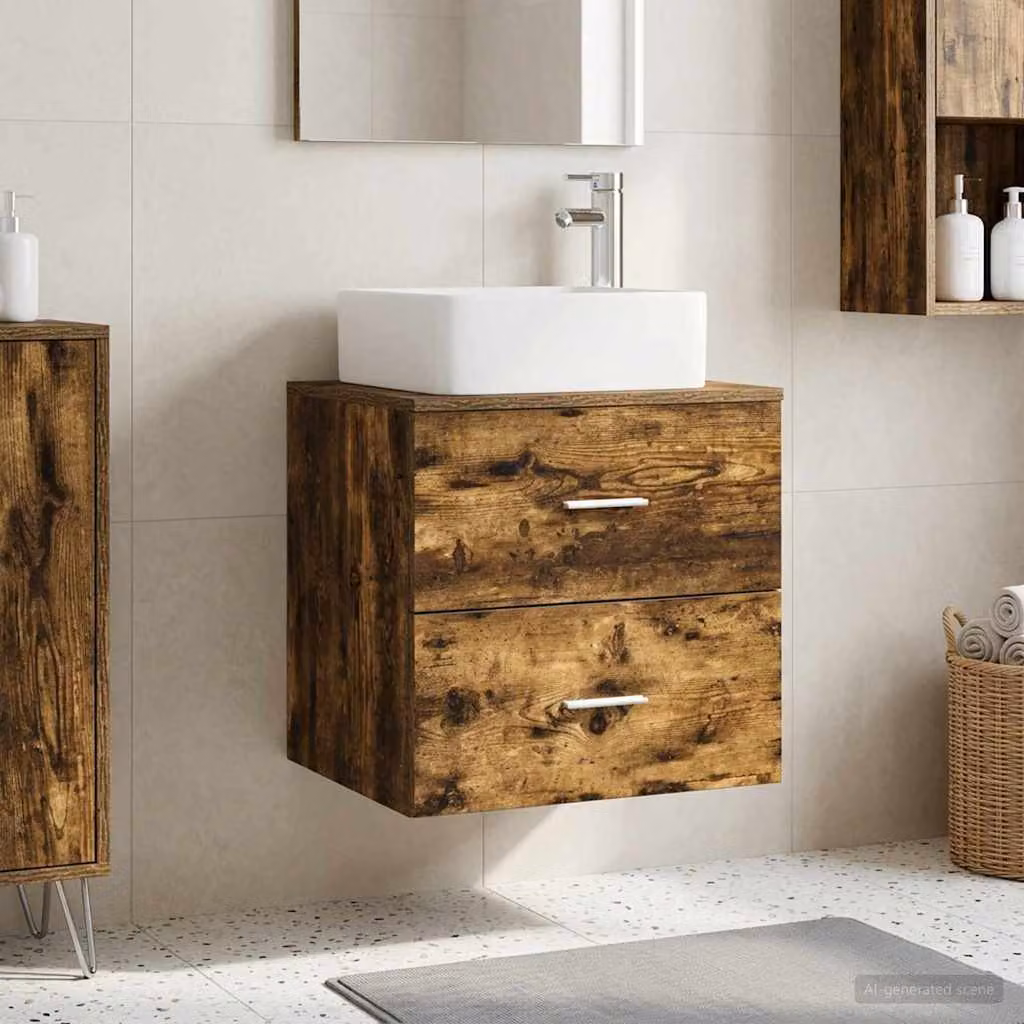 Mobile Lavabo da Parete Moderno vidaXL in Rovere Fumo con Cassetti e Ante, L 53 cm x P 34,5 cm x H 63 cm