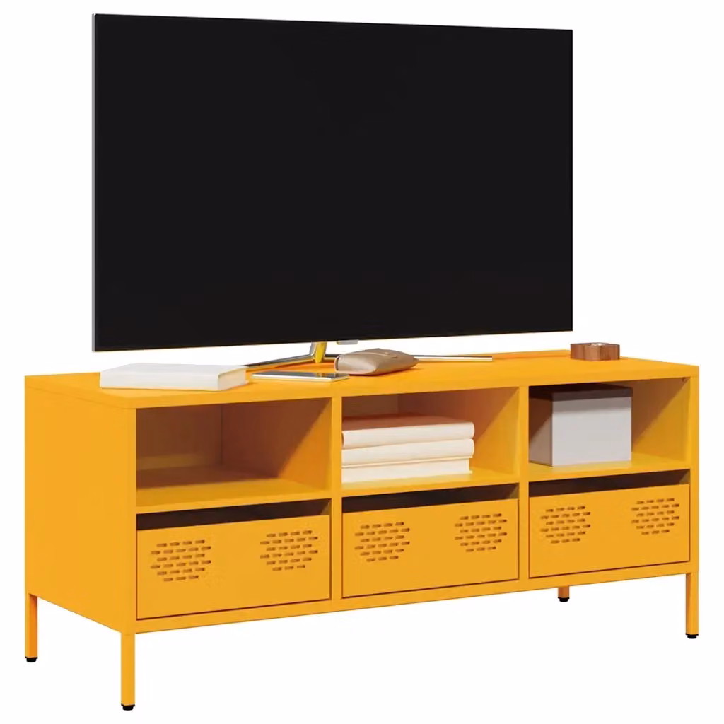 Mobile TV in stile industrial in acciaio giallo, L 101,5 cm x P 39 cm x H 43,5 cm – 2