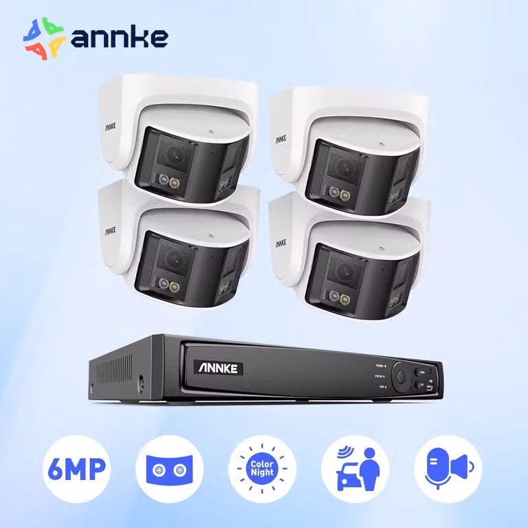 Kit di telecamere di sicurezza a 180°, 6MP, con tecnologia POE, dotate di doppia lente, riconoscimento facciale tramite intelligenza artificiale e registratore NVR