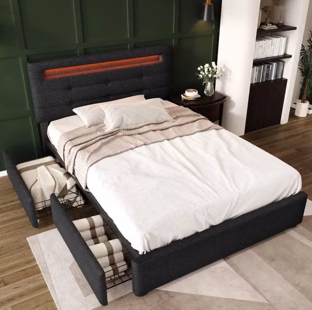 Letto singolo imbottito ULEVR 90x200 cm con LED, 2 cassetti reversibili e testiera regolabile, nero