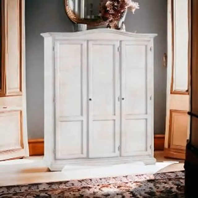 Armadio KIVIO in legno stile Shabby Chic con 3 ante battenti, colore bianco anticato, L: 157 cm, P: 55 cm, H: 197 cm – 1