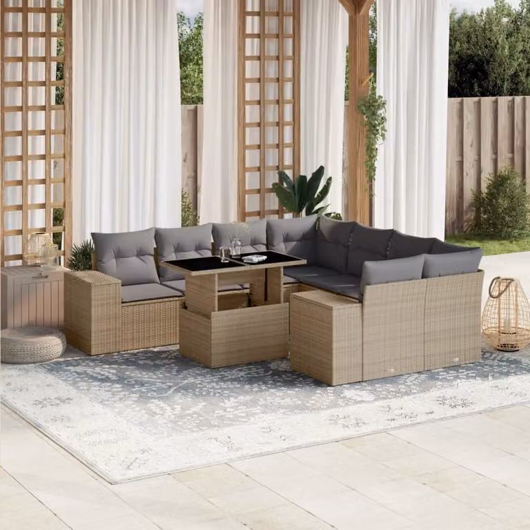 vidaXL Set Divano da Giardino a L 9 pz in Polyrattan Beige con Cuscini e Tavolino