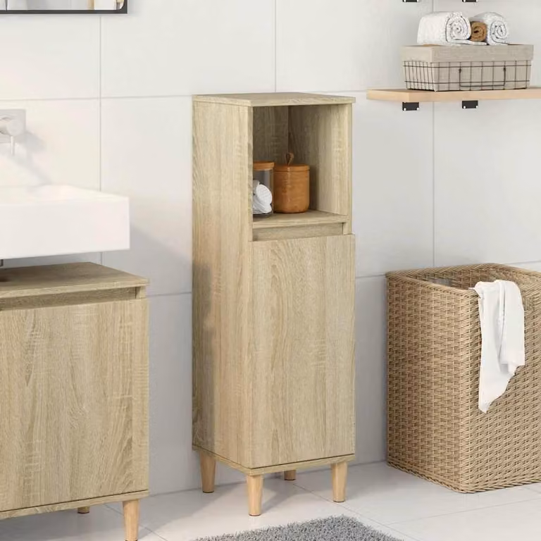 Armadietto da bagno moderno vidaXL in legno color rovere, con ante a battente e ripiani, sospeso, L 30 cm x P 30 cm x H 100 cm