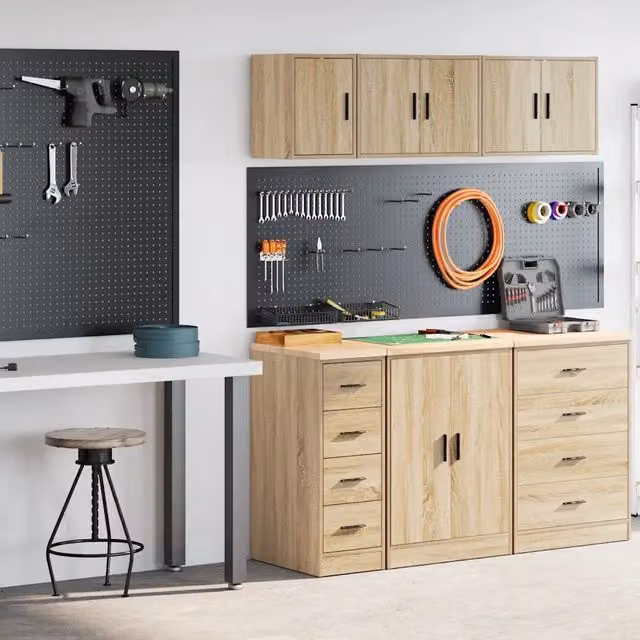 Set di 2 armadi da giardino vidaXL in legno di pino, colore marrone e beige, con ante a battente e cassetti interni